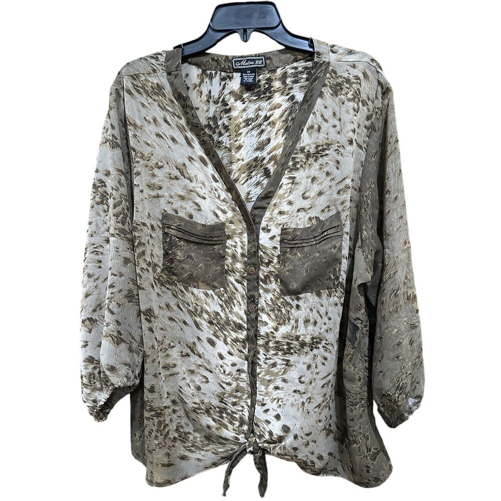 Metro 22 Blouse Plus 3X Sheer Button Up Tie Front Long Sleeve Top Pockets